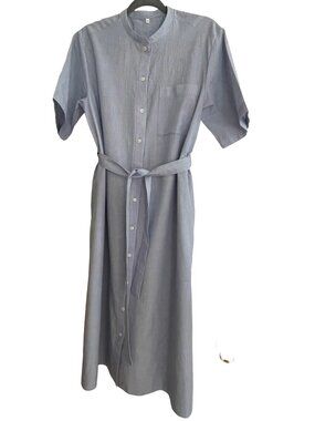 MUJI Blue Stripe Shirt Dress XS Cotton Tie Waist Midi